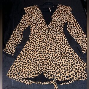Free People Frenchie Leopard Print Ruffle Wrap Mini Dress